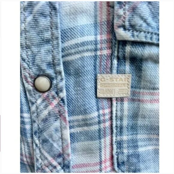G-Star Raw Landoh Plaid Pearl Snap Shirt Size L Western Faded Blue Casual - Picture 4 of 9